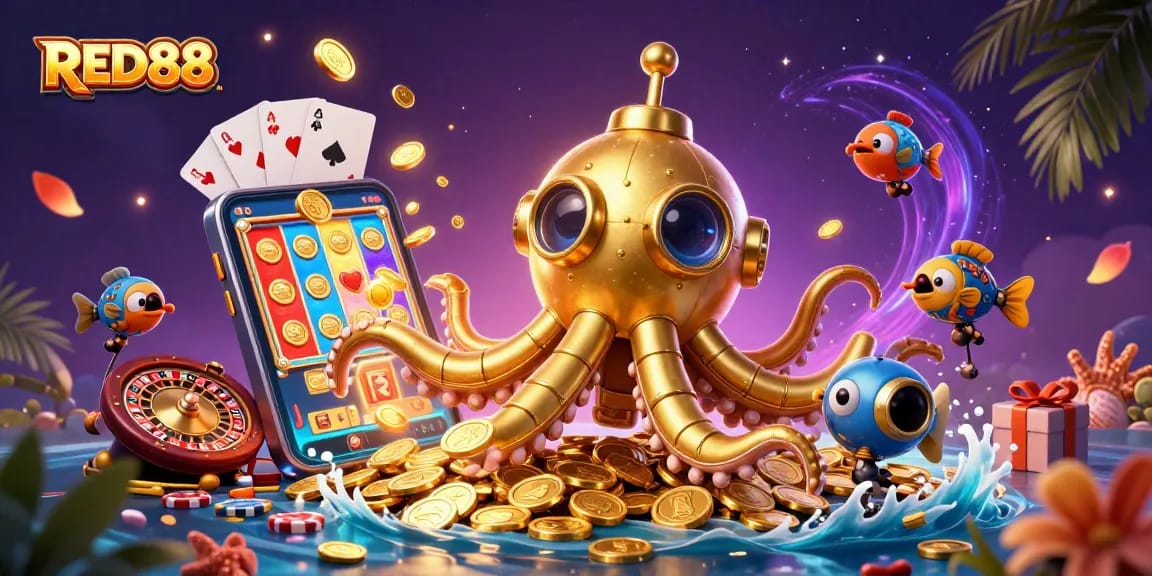 Engage in thrilling casino adventures with RED88 and a playful kraken submarine amidst golden coins.