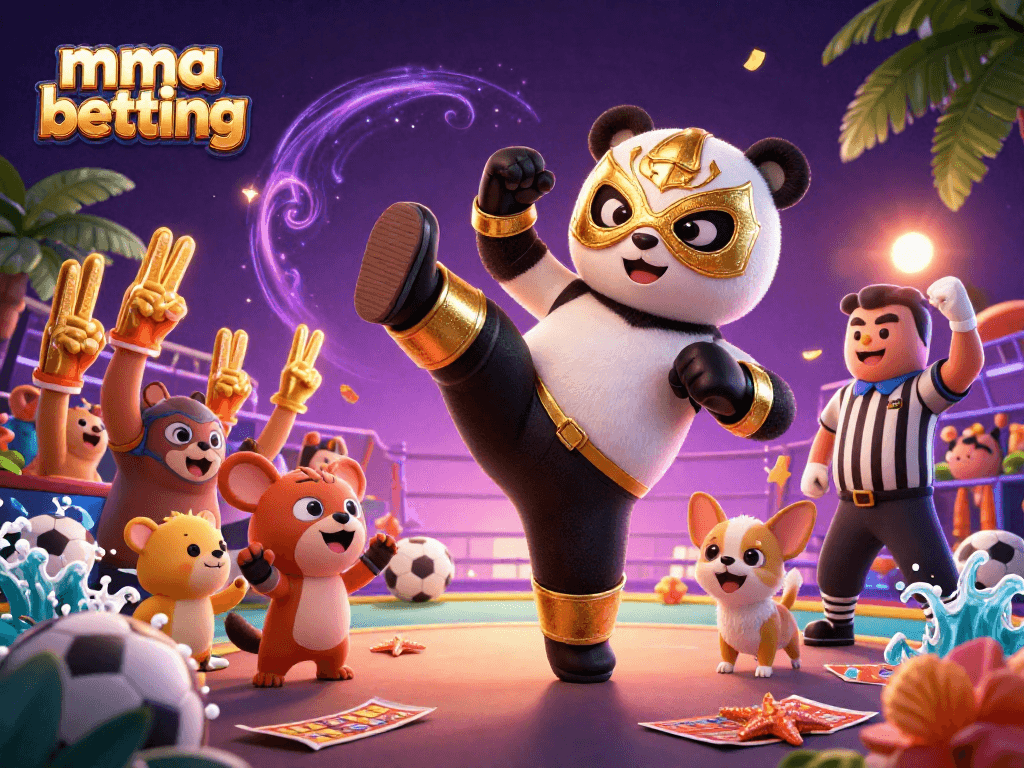 MMA betting scene with a panda wrestler, chihuahua referee, and wild animal crowd celebrating