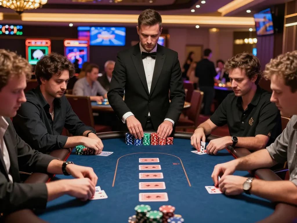 HM88 players engaged in strategic poker gameplay at a vibrant casino table, showcasing thrilling atmosphere