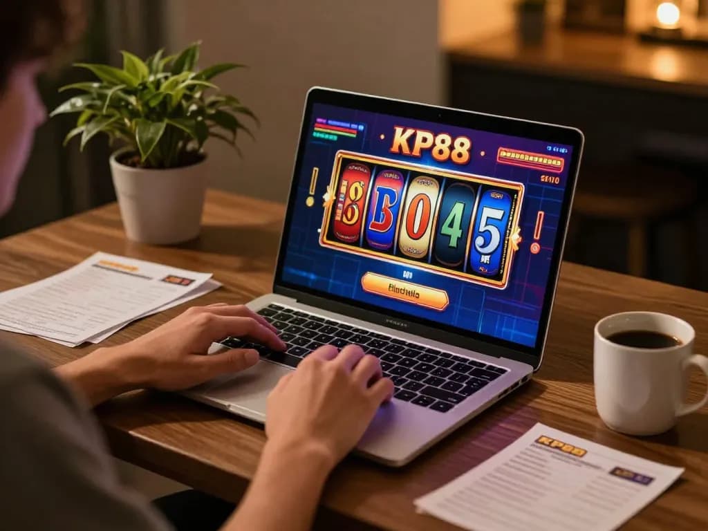 Experience KP88 online gaming with colorful slots on a sleek laptop in a cozy setting.