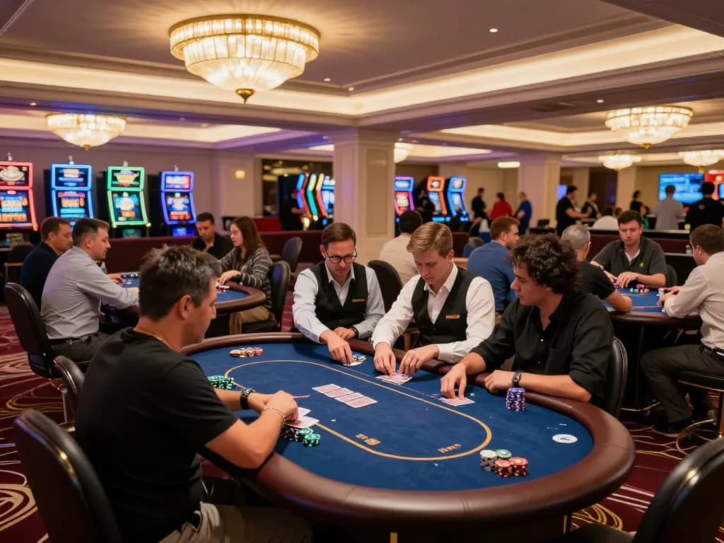 Kuwin players enjoy an exciting atmosphere at poker tables with vibrant lighting and strategic gameplay.