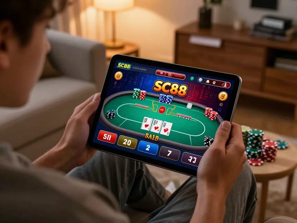 Engaging online gambling scene with SC88 tablet interface displaying a poker game in a cozy setting.