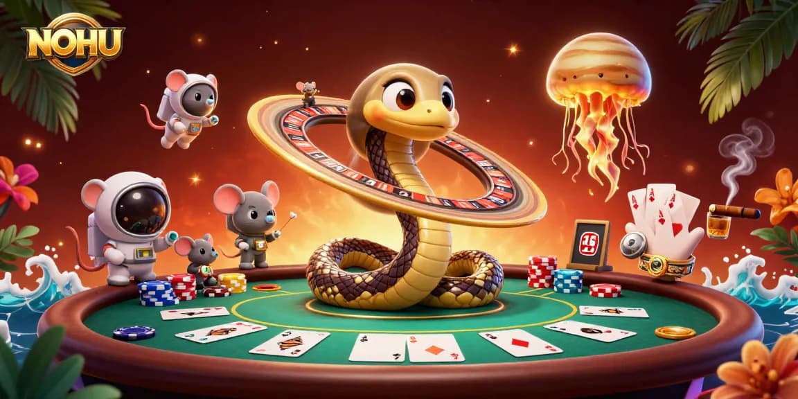 NOHU casino scene with astronauts betting on a roulette wheel, featuring vibrant gaming elements.