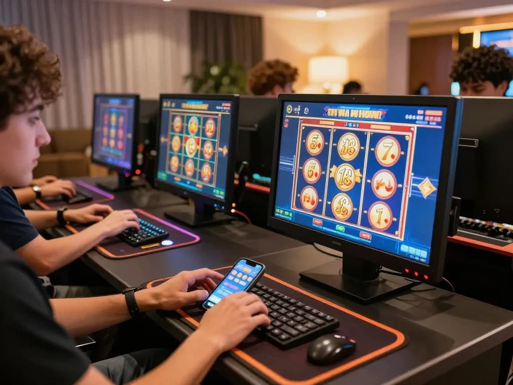 Players enthusiastically engaging with 68win online casino games in a cozy home environment.