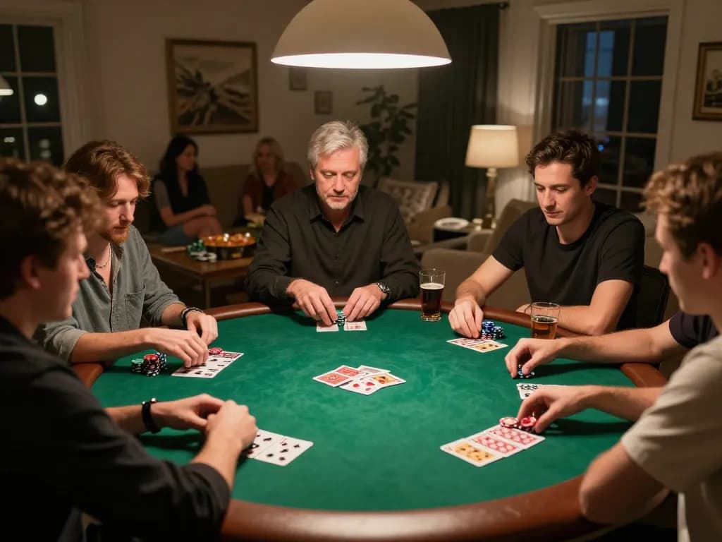 Permainan poker rumahan yang ramah dengan pemain yang menikmati chip dan kartu, menampilkan strategi permainan ap686 yang sedang berlangsung