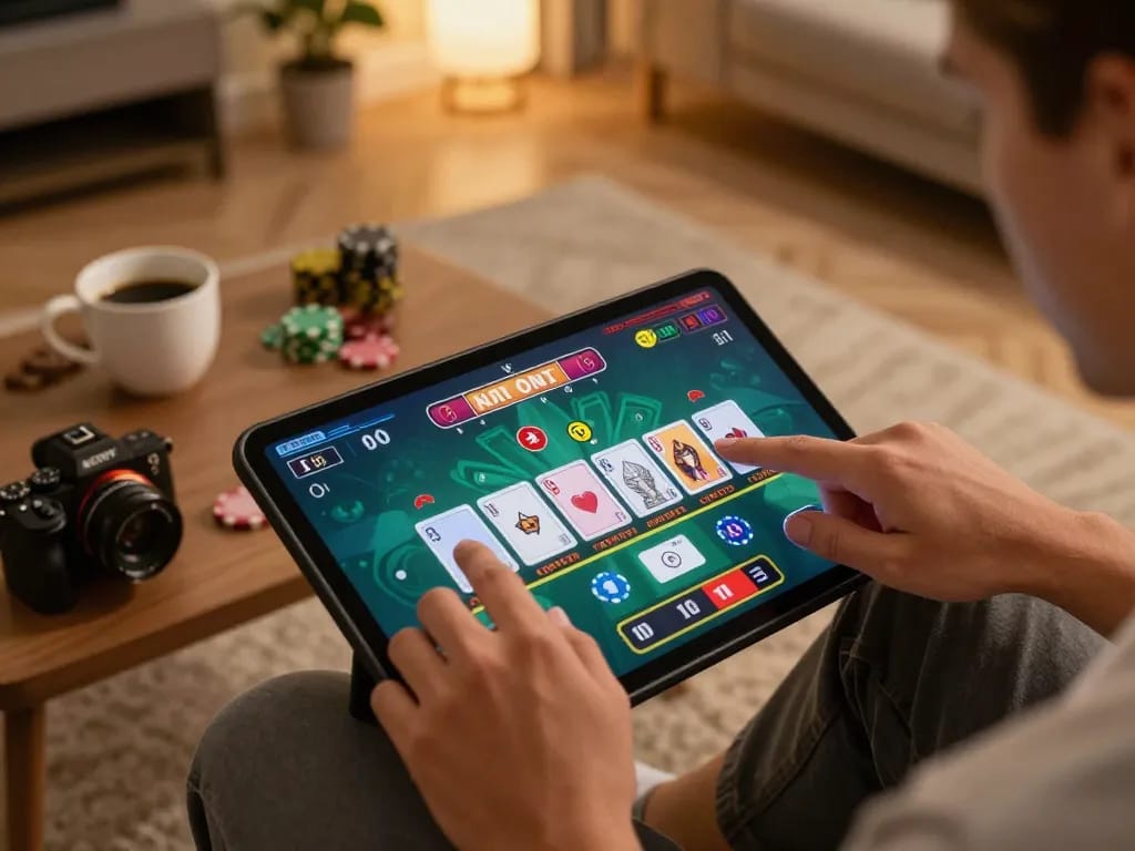 Player enjoying ALO8 live dealer blackjack on tablet at home, using strategic gameplay.