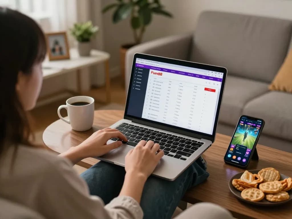 Person engaging with Fun88 online betting interface on laptop in a cozy home setting