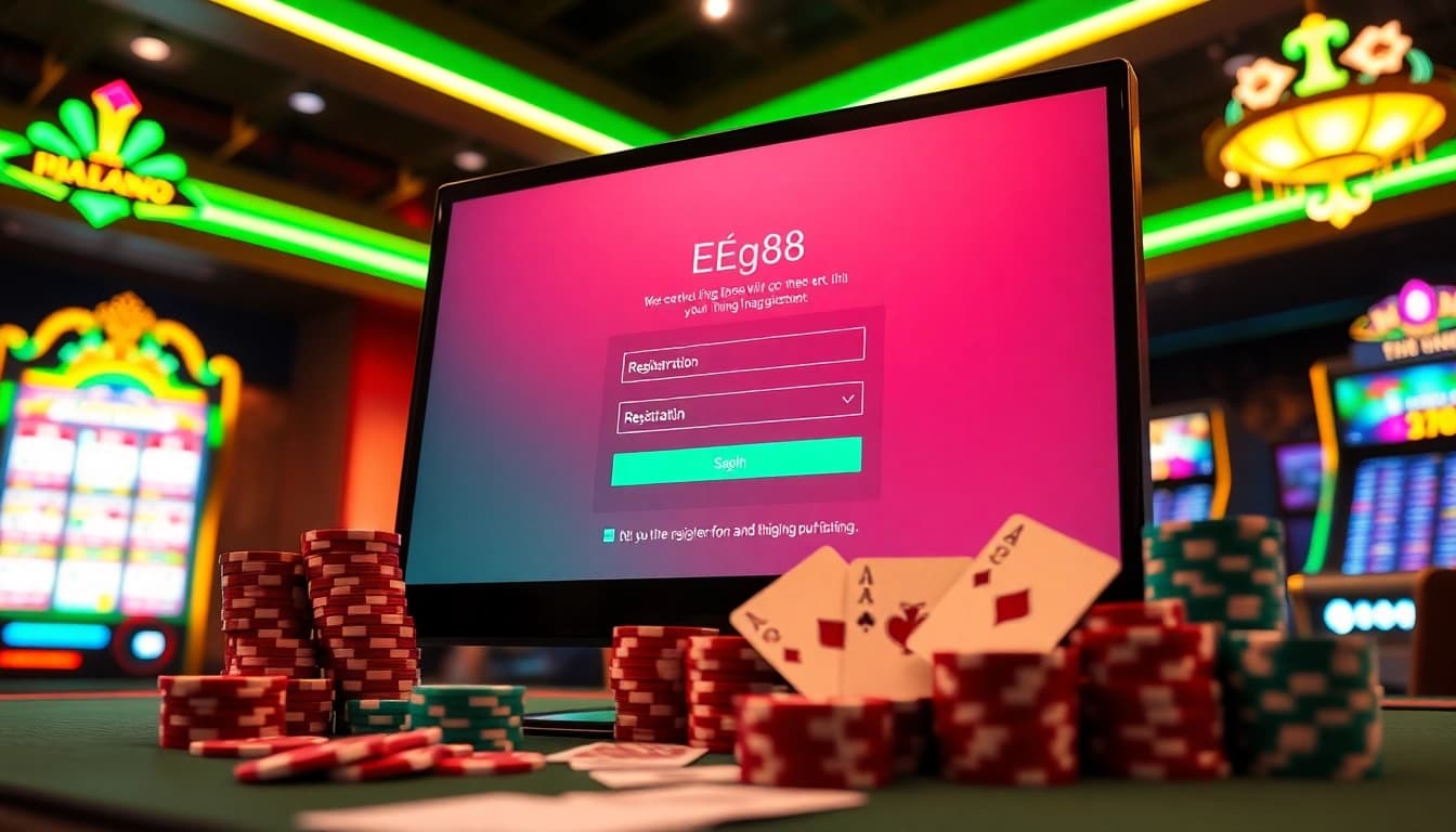 Excited players engaging in đăng ký EE88 registration on a sleek online gambling interface surrounded by colorful casino elements.