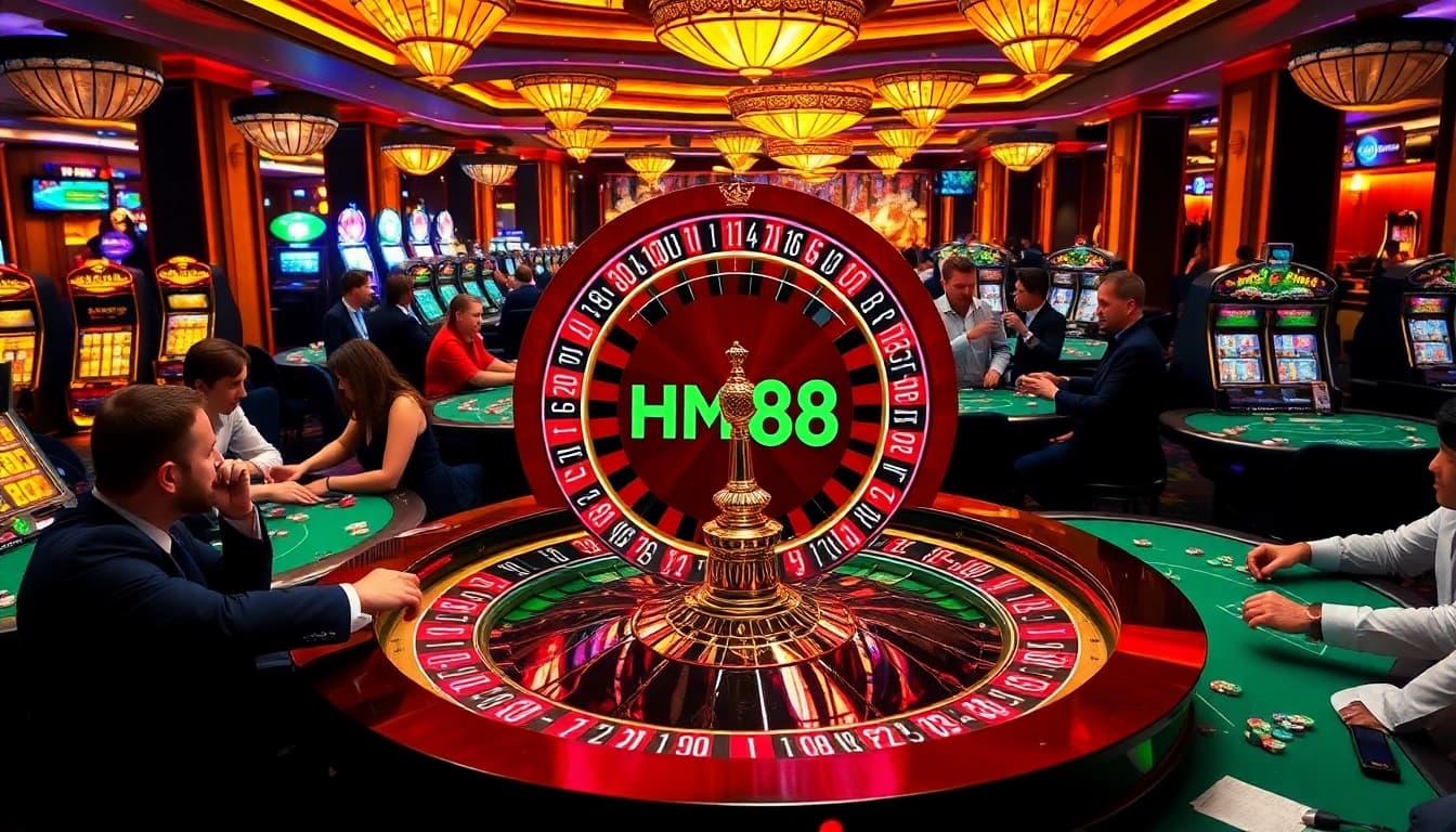 Players enjoy a high-stakes game at HM88's luxurious casino with vibrant roulette and poker tables.