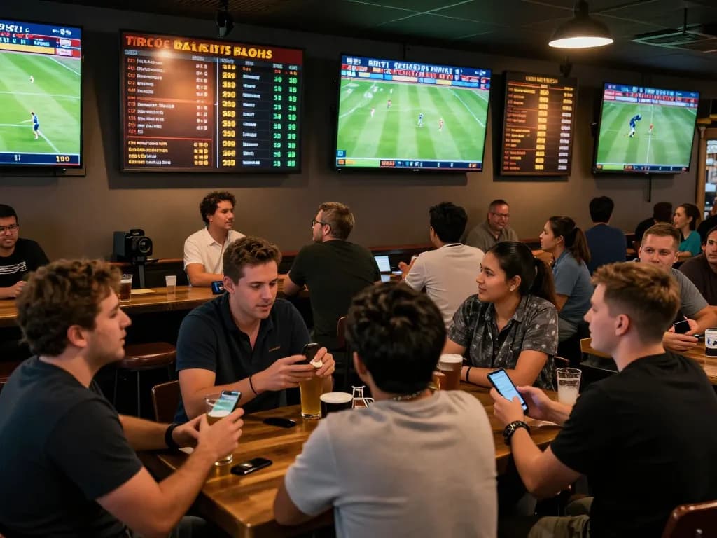 Experience Trực tiếp bóng đá excitement in a vibrant sports betting bar filled with engaged fans