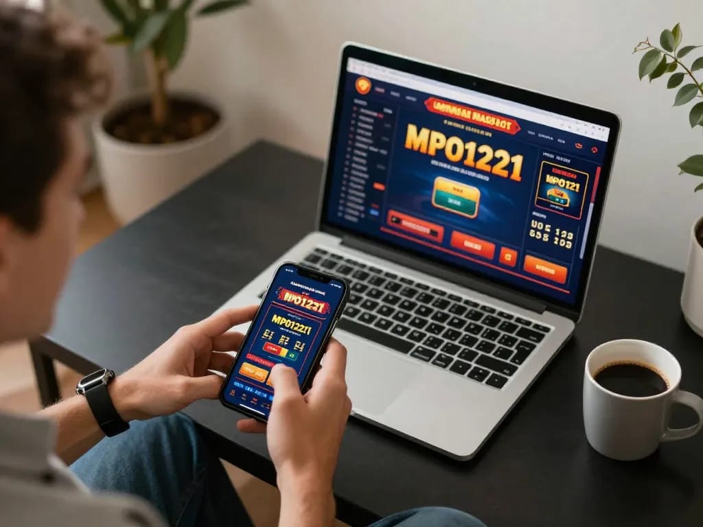 Pengguna MPO1221 menikmati pengalaman bermain slot online yang hidup di smartphone di setting rumah yang nyaman.