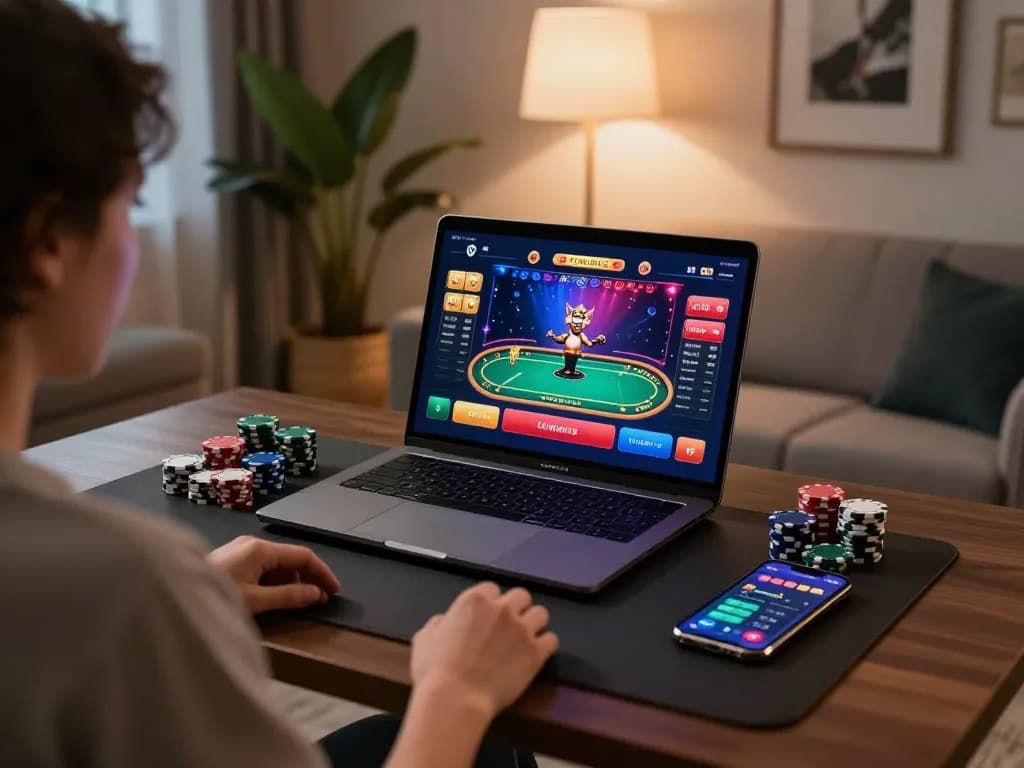 Permainan online yang menarik dengan antarmuka kiu77 di laptop ramping dalam pengaturan rumah yang nyaman