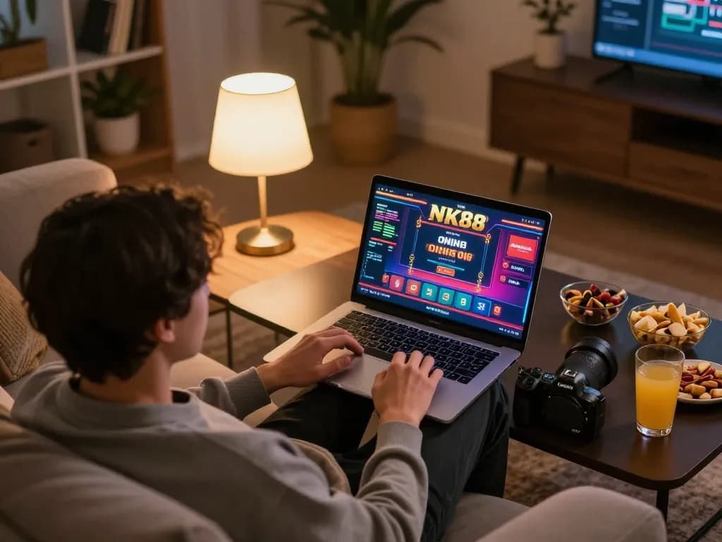 Person engaging with NK88 casino games on a laptop in a cozy home setting.