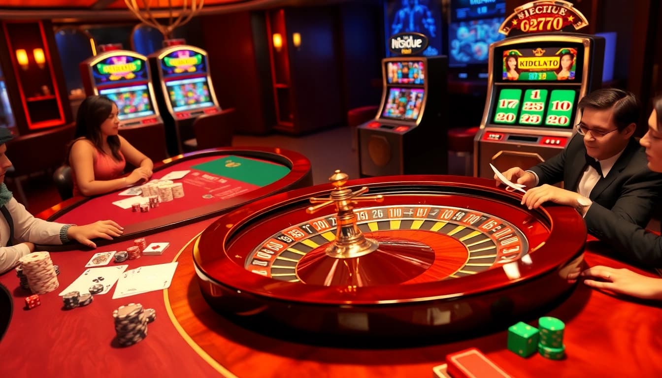Players enjoying a thrilling online gambling experience at Hitclub with poker chips and a roulette wheel.