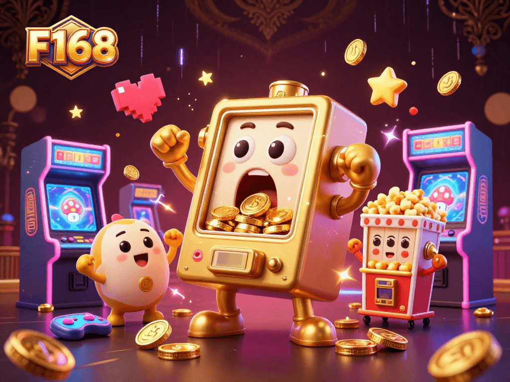 F168 slot machine hits a jackpot, showering coins, amidst cheering smaller machines.