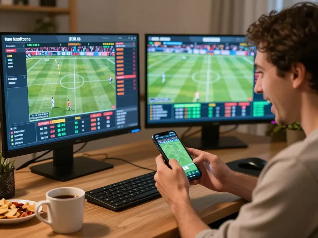 cm88 player strategizing bets on smartphone at home gaming setup with dynamic sports events displayed