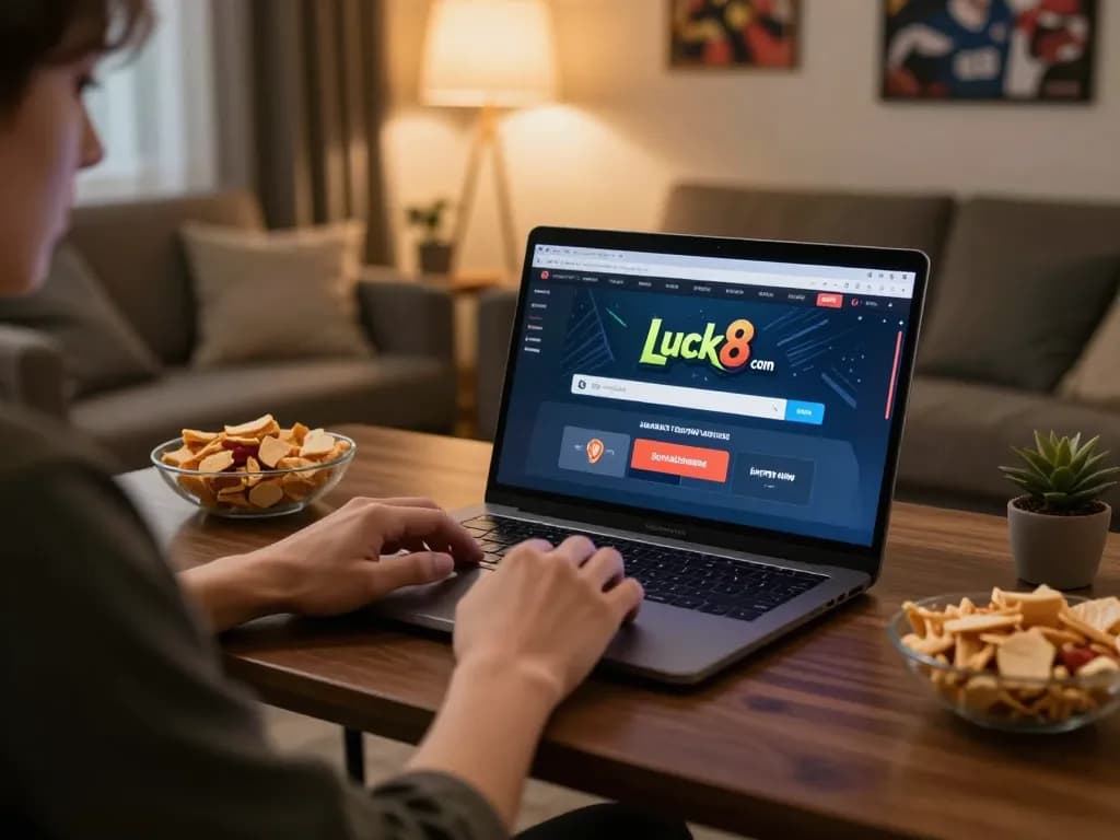 Person enjoying online gaming at Luck8 com in a comfortable home setting with snacks nearby.