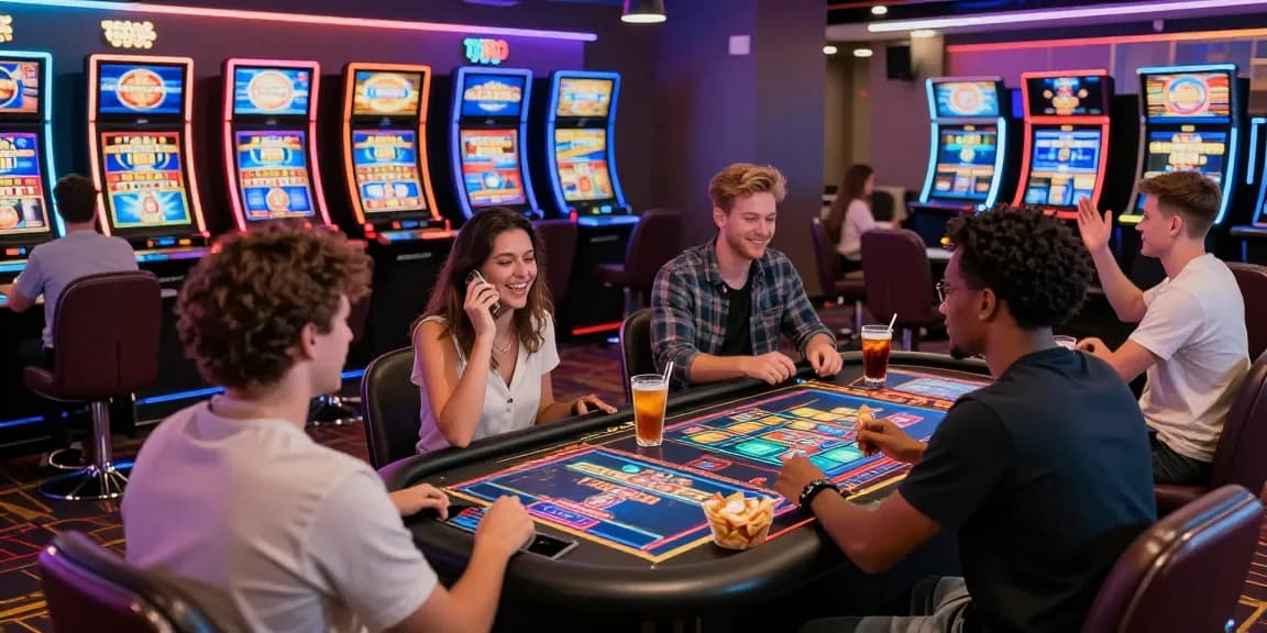 Excited UK players enjoying their time at online USA casinos with colorful slot machines and virtual tables.