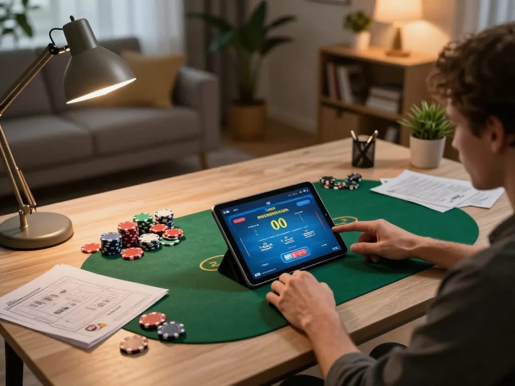Real-time action of a player enjoying house edge strategies at nhà cái fun79 through a stylish tablet.
