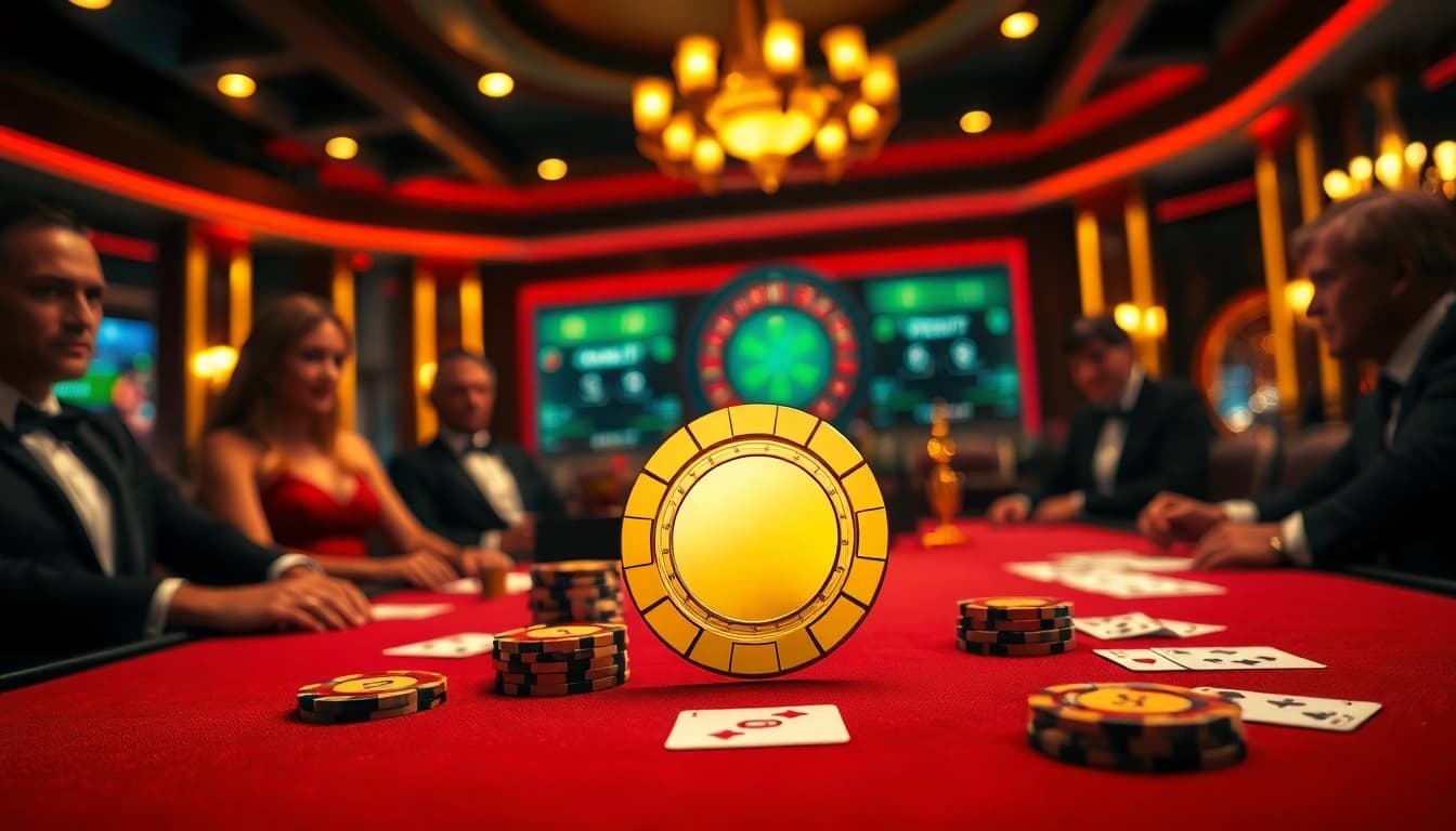 Rikvip players engaging at a luxurious poker table with vibrant casino elements.