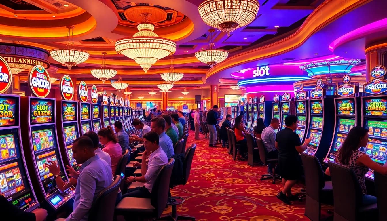 Players enjoying slot gacor machines in a vibrant casino atmosphere filled with excitement