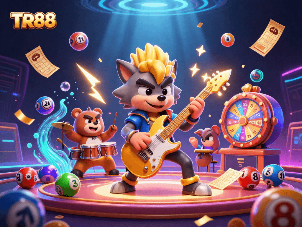 Join the excitement at TR88 with a lively casino scene featuring a rock star wolf, dynamic games, and vibrant action.