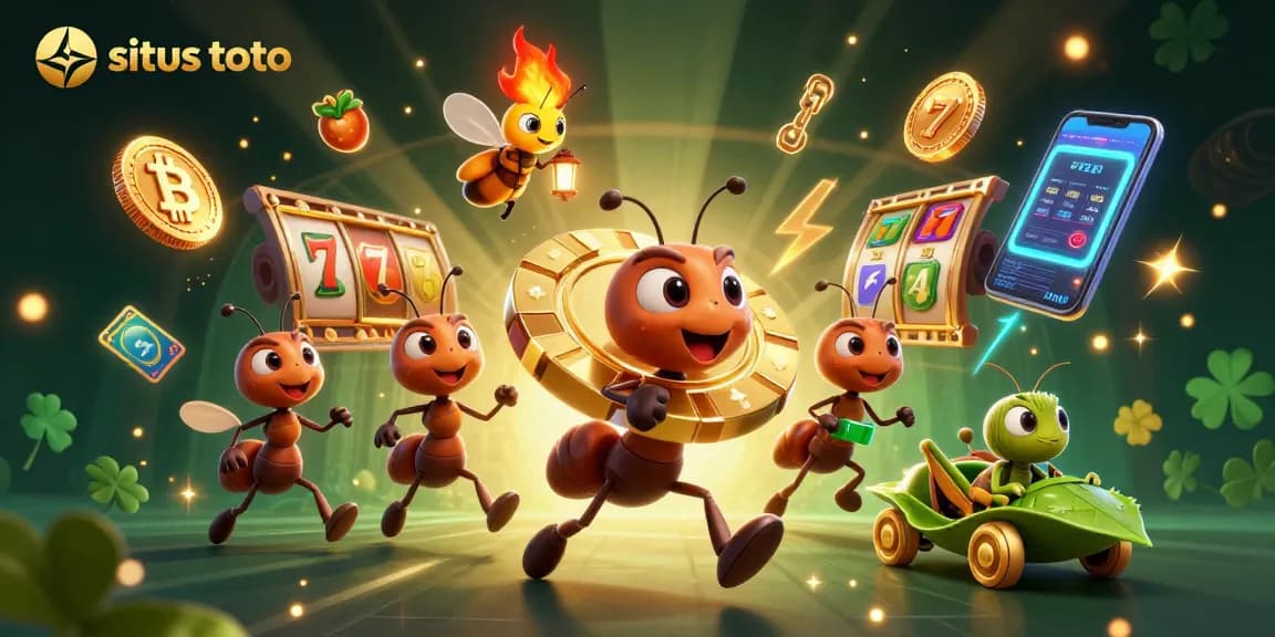 Ants running a heist with situs toto elements, carrying oversized poker chip while exploring a casino.
