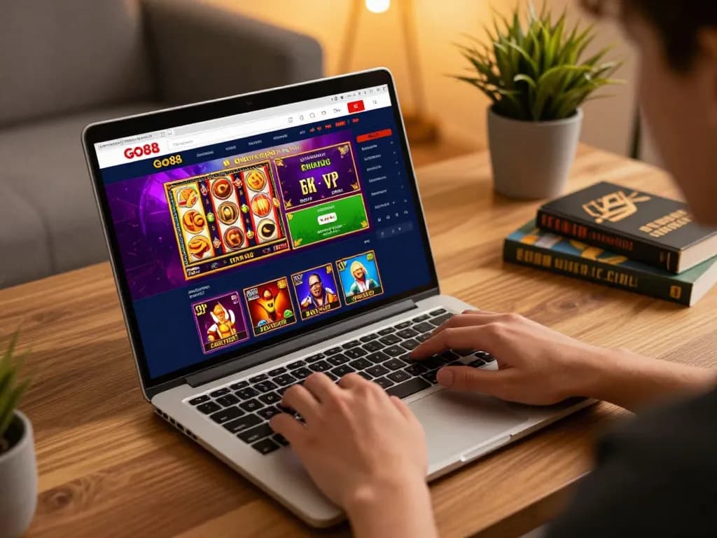 Player engaging with Go88 online casino interface on a laptop in a cozy home atmosphere.