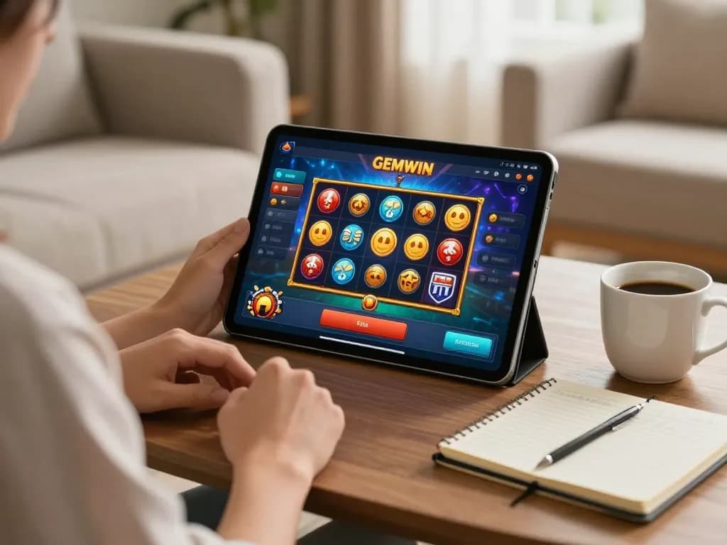 Engaged player enjoying GEMWIN online gaming on a tablet in a cozy home setting.
