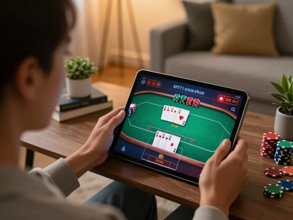 Player engaged in PH22 online casino app featuring poker game on tablet in a cozy home.