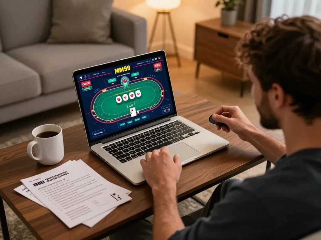 Player wins while using MM99 online casino platform, celebrating at a cozy home setup.
