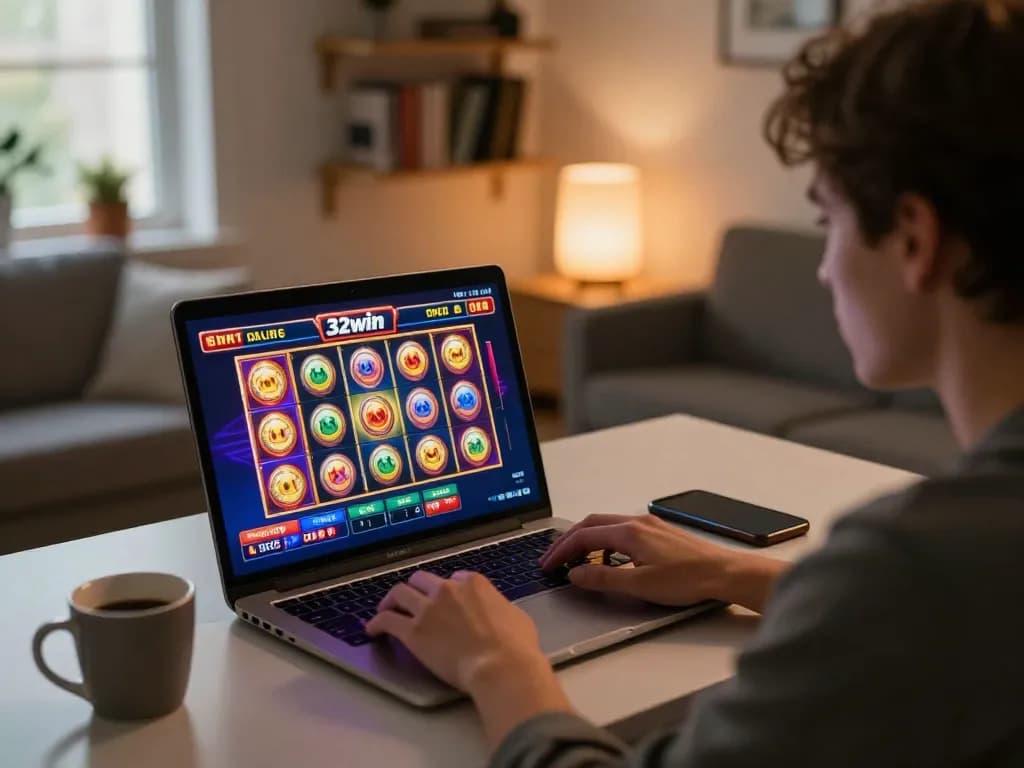 Engaging in dynamic online gameplay at 32win, showcasing vibrant slot graphics and a focused player.