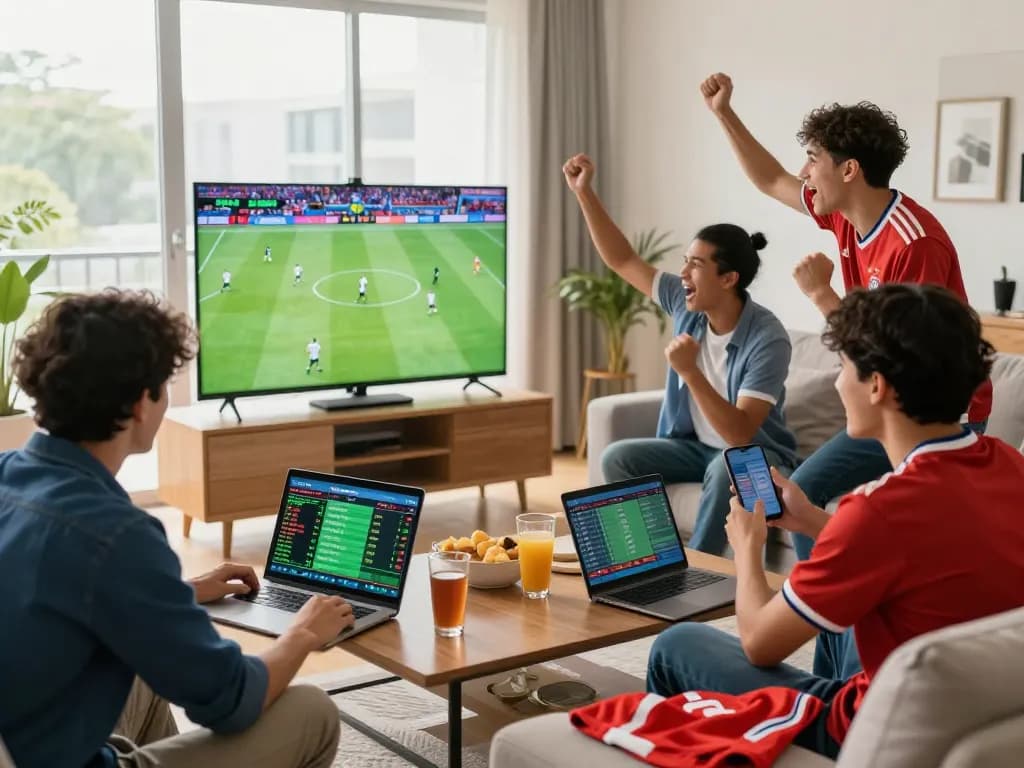 Friends engaging in kèo nhà cái while watching a live football match, surrounded by modern tech and sporting gear.