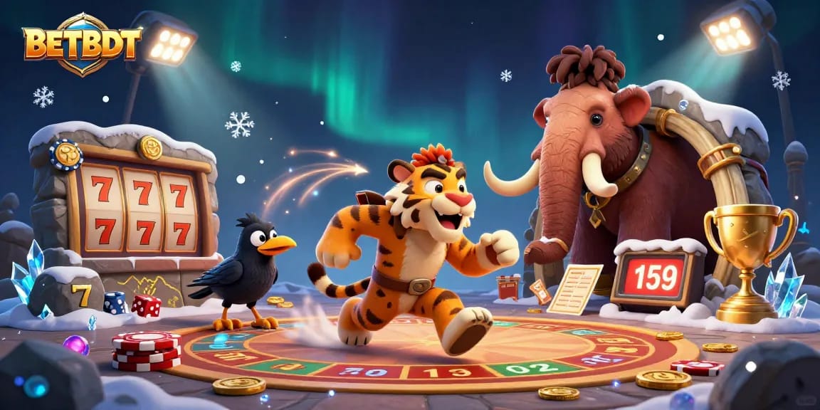 Experience thrilling poker and slot action at BETBDT with vivid 3D illustration of a prehistoric casino.