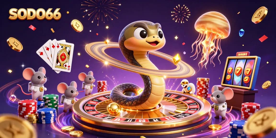 SODO66 players enjoy a vibrant cosmic casino scene with dynamic elements like roulette wheels and poker chips.