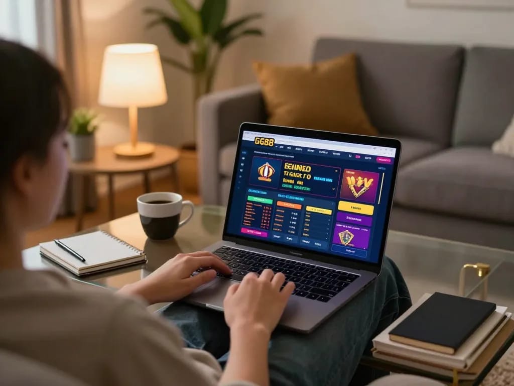 Engaging online gambling scene showcasing GG88 interface on a cozy home gaming setup