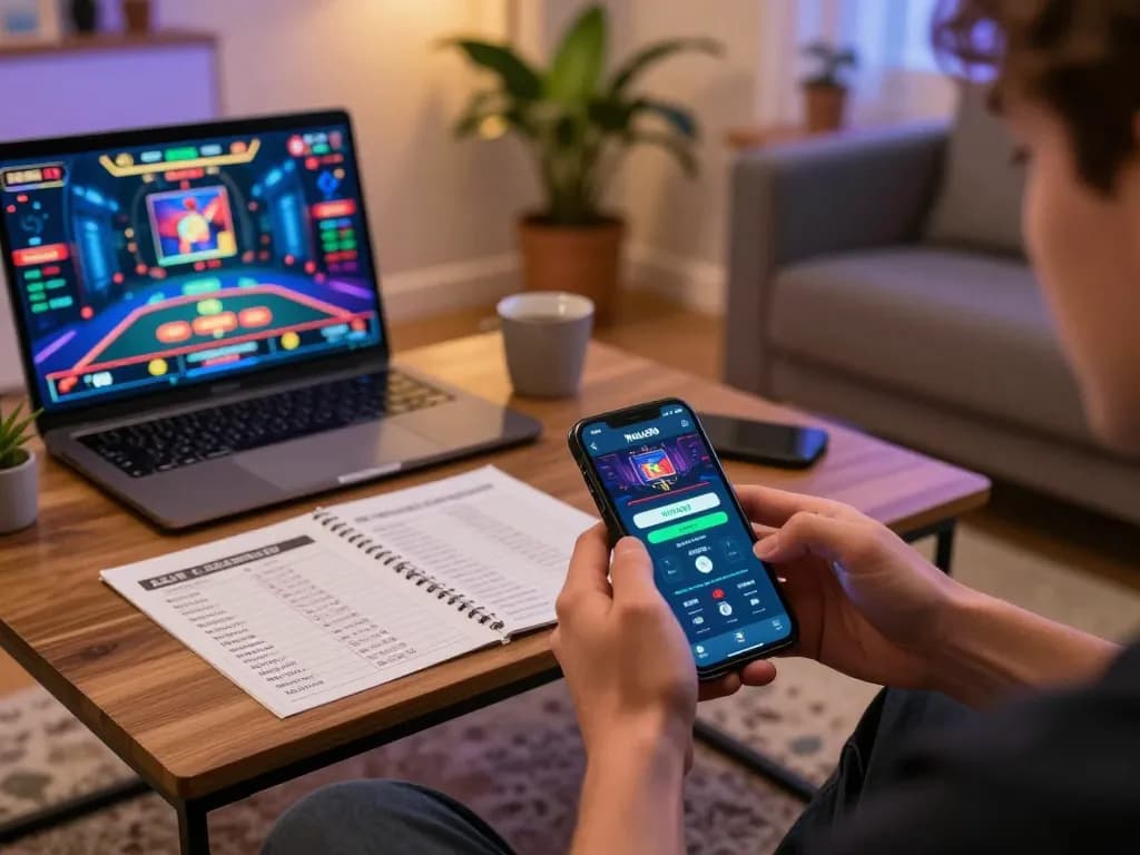 Player enjoying Nohu90 mobile casino gaming on smartphone in a cozy living room
