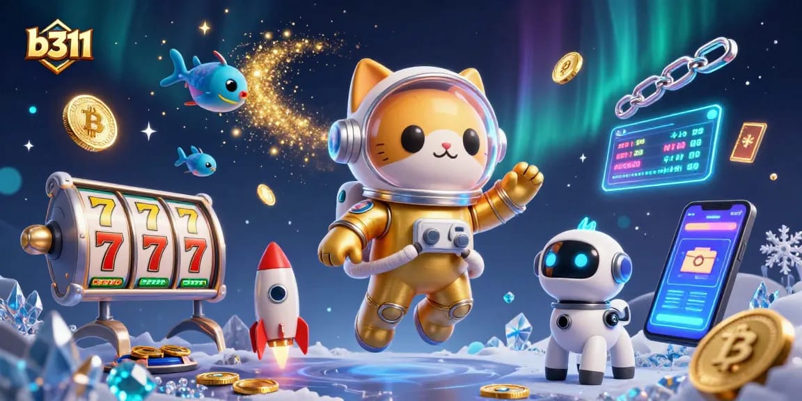 O b311 oferece jogos de cassino com um gato astronauta e um cão robô, cercados por moedas Bitcoin e Ethereum.