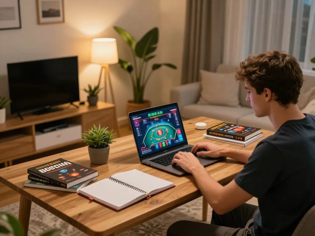 Player engaging in strategic online gaming on vvvwin at home, showcasing a cozy and responsible atmosphere.