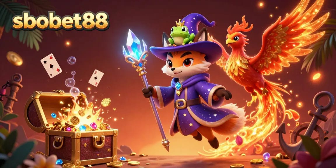Experience the excitement at sbobet88 with a vibrant 3D illustration of mystical characters and casino treasures.