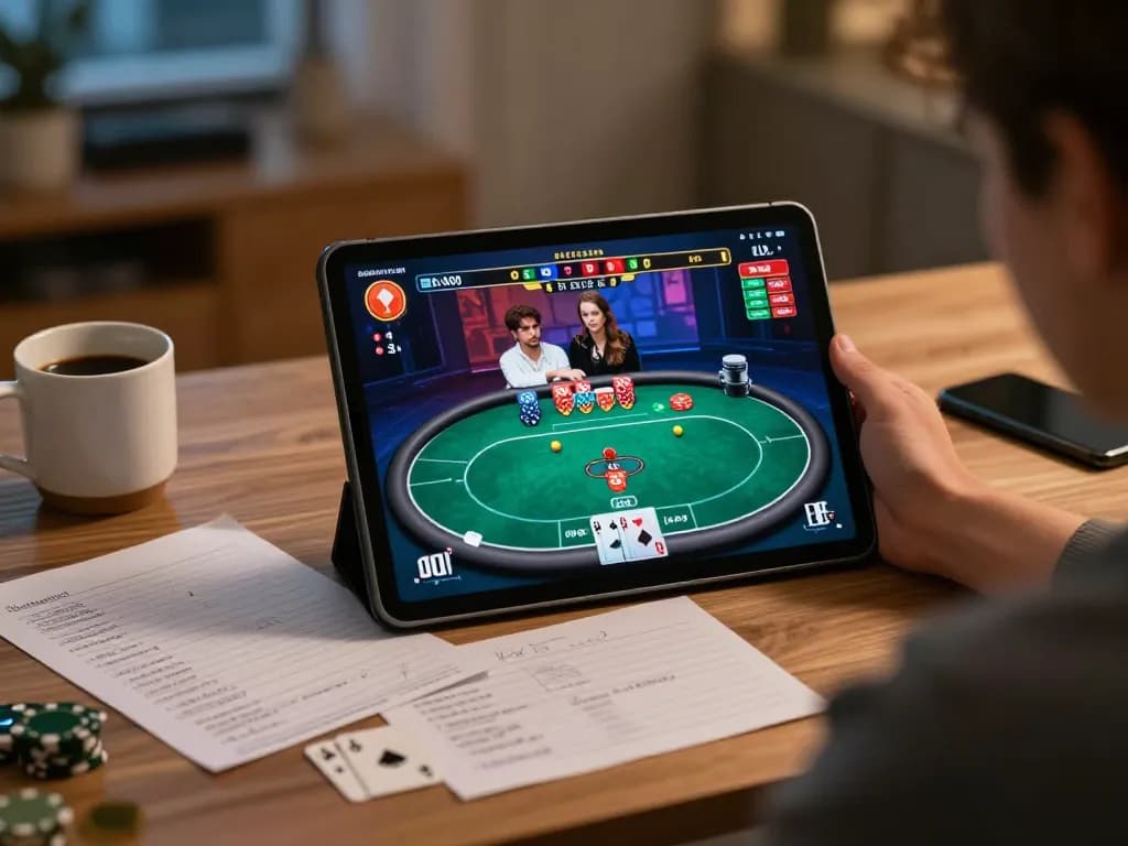 Player strategizing in online poker game NK88, with tablet and notes on the desk