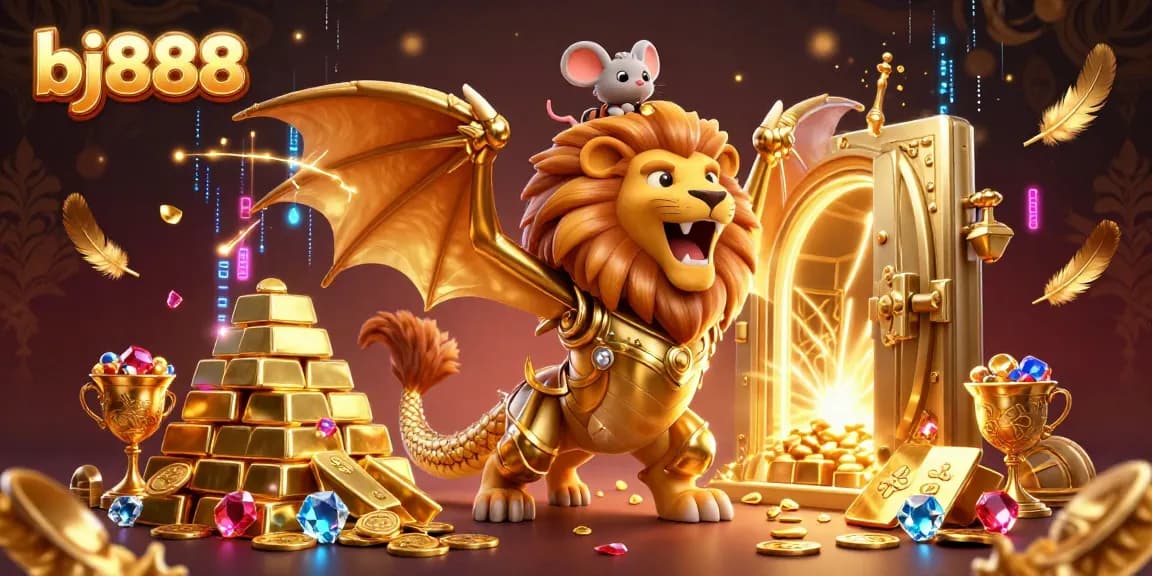 Experience the excitement of bj888 as the chimera creature triumphs amidst treasures and jewels.
