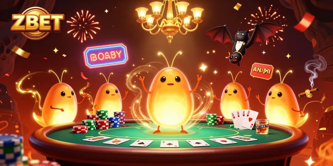 Experience the vibrant glow of ZBET's casino with animated glowworms and exciting poker action.