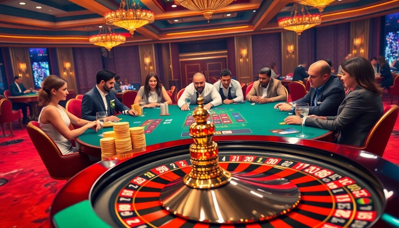 Engaging players at the 8K8 Casino poker table with chips and a spinning roulette wheel.