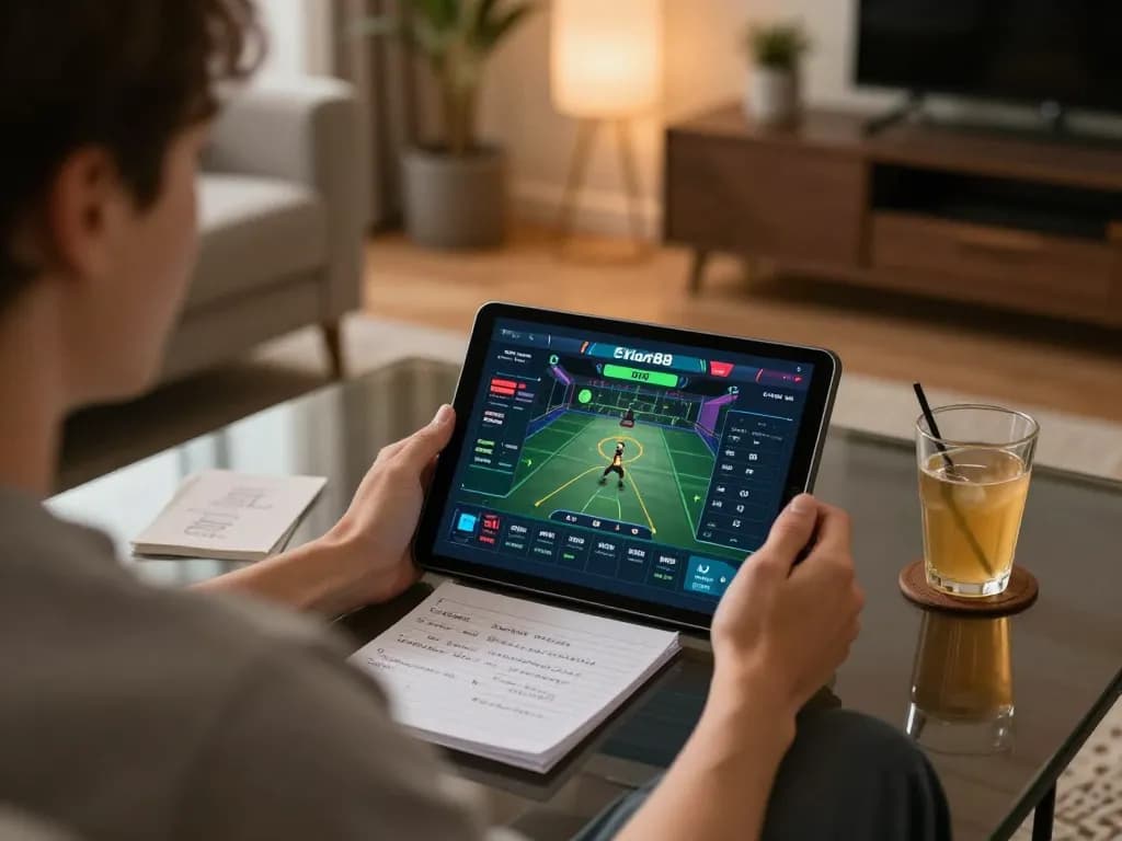 Person engaging with Parlay Skor88 on a tablet in a cozy living room setting, highlighting sports betting.