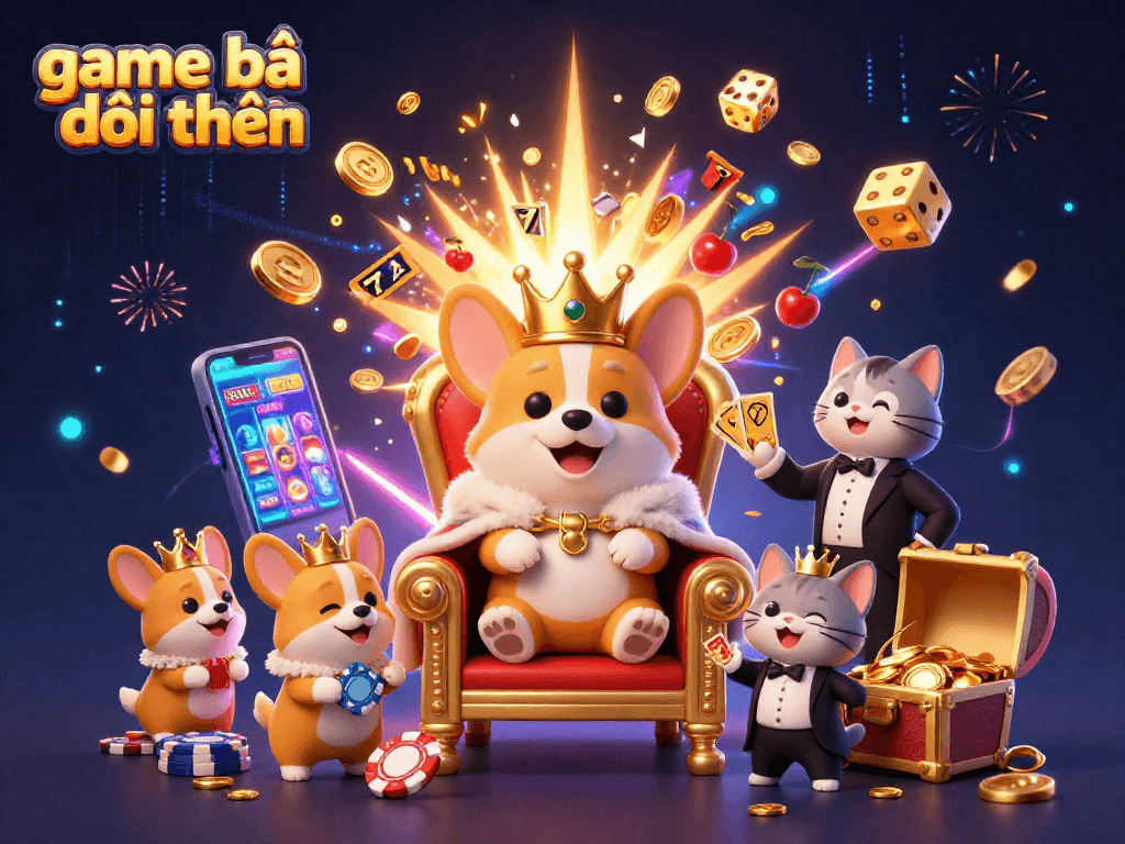 Engage with game bài đổi thưởng in this vibrant 3D casino illustration showcasing a royal corgi and dynamic slot machine.