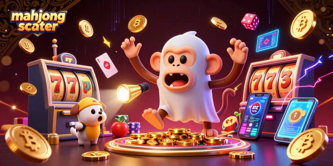 Engage with the mahjong scatter scene featuring a mischievous monkey and ghost-hunting puppy in a lively casino atmosphere.