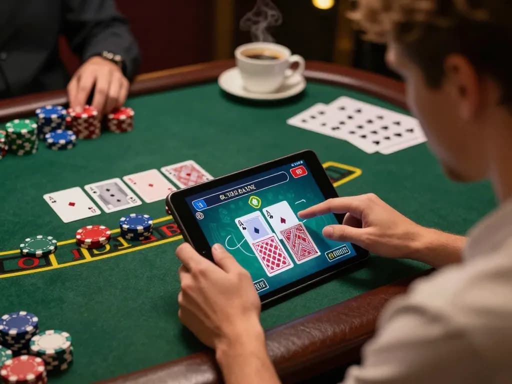 Player engaging with iwin casino app during intense online blackjack gameplay with strategy notes.