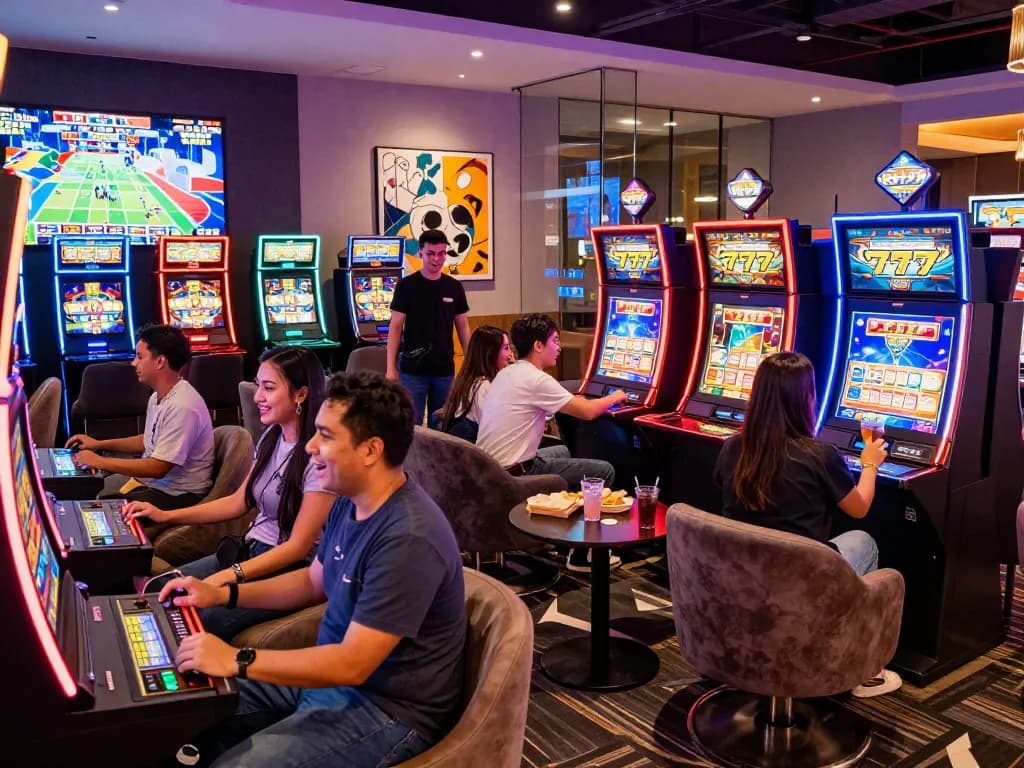 Excited group enjoying slot gacor 777 gaming in a vibrant casino lounge.