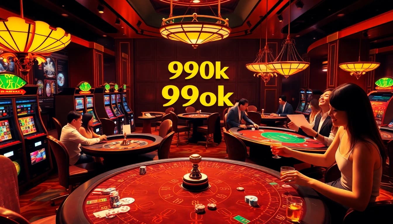 Players enjoying a thrilling game at the 99ok casino, surrounded by vibrant slot machines and poker tables.